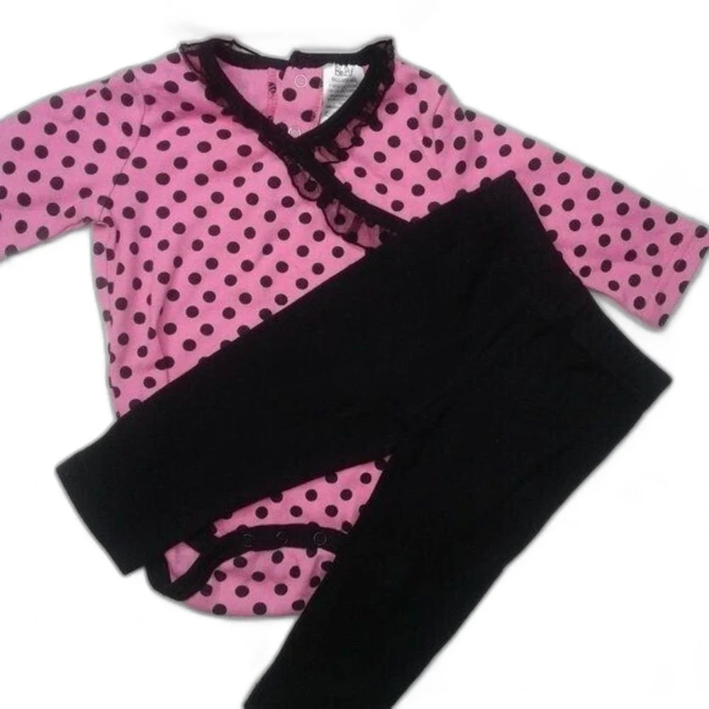 baby essentials Pink & Black 3pc Set Onesie Leggings Hat Polka Dots Ruffle 9Mo